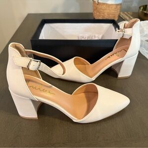 Lulu's Cream Block Heel Ankle Strap Heels